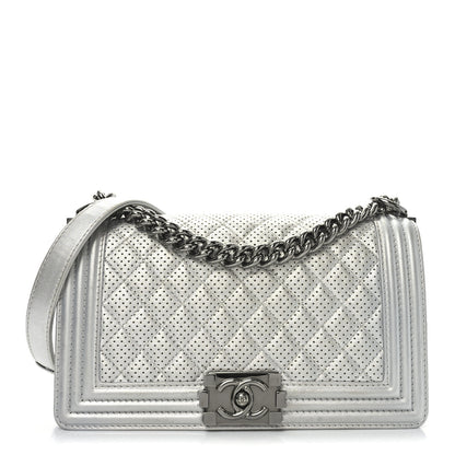 Chanel Metallic Lambskin Perforated Quilted Medium Boy Flap Argent 1 of 10