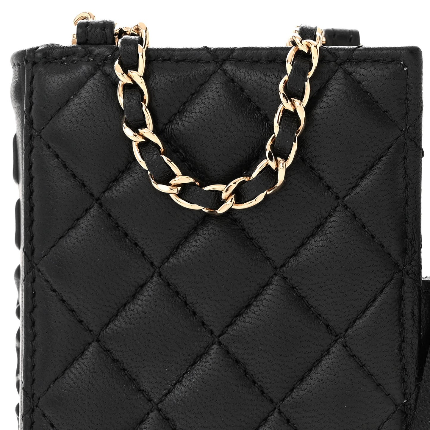 Lambskin Quilted Book Card Holder on Chain Black