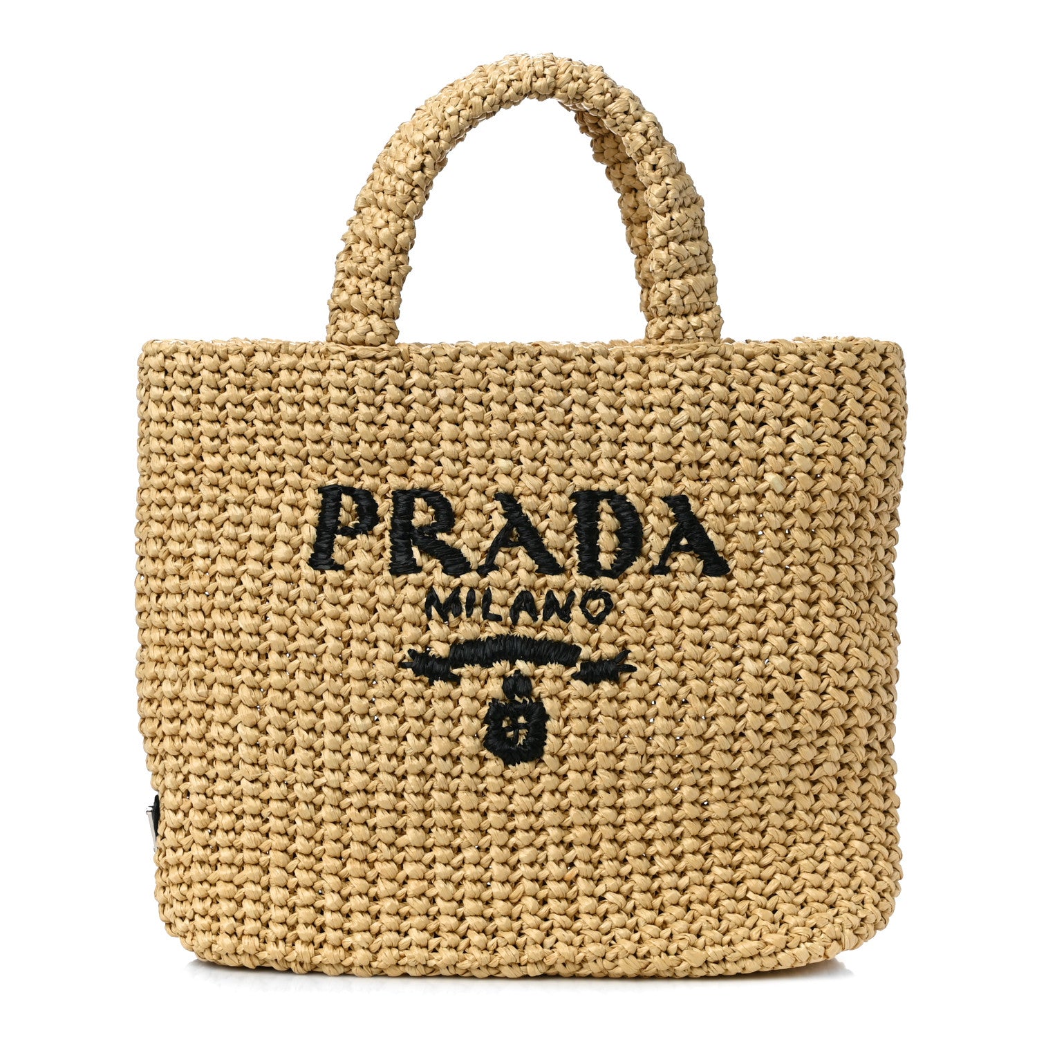 Prada Yarn Raffia Effect Crochet Embroidered Small Logo Tote Naturale 1 of 11