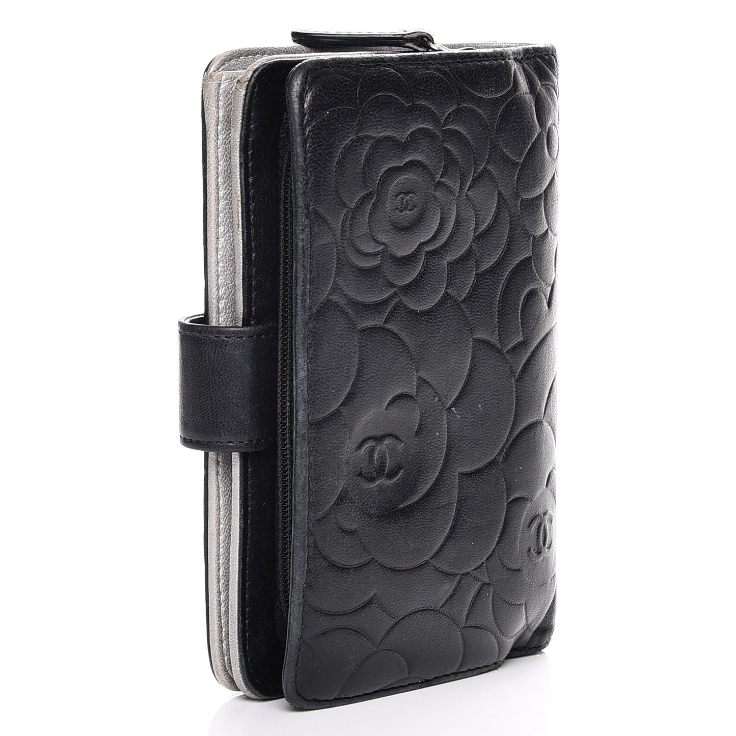 Lambskin Camellia Embossed Zipped Pocket Wallet Black