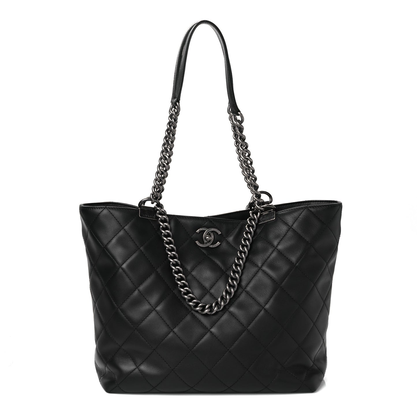 Calfskin Quilted Large Shopping In Chains Tote Black