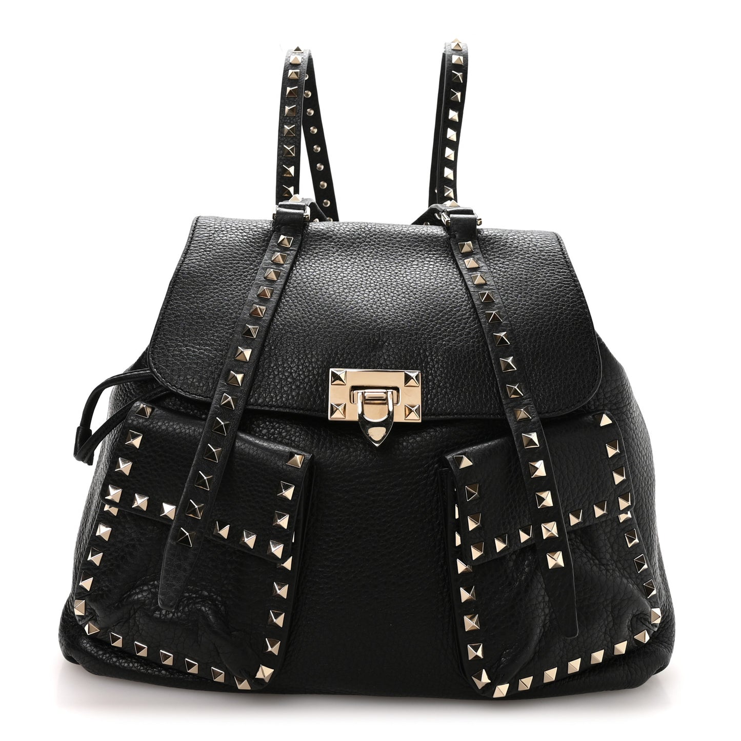 Pebbled Calfskin Rockstud Double Pocket Backpack Black