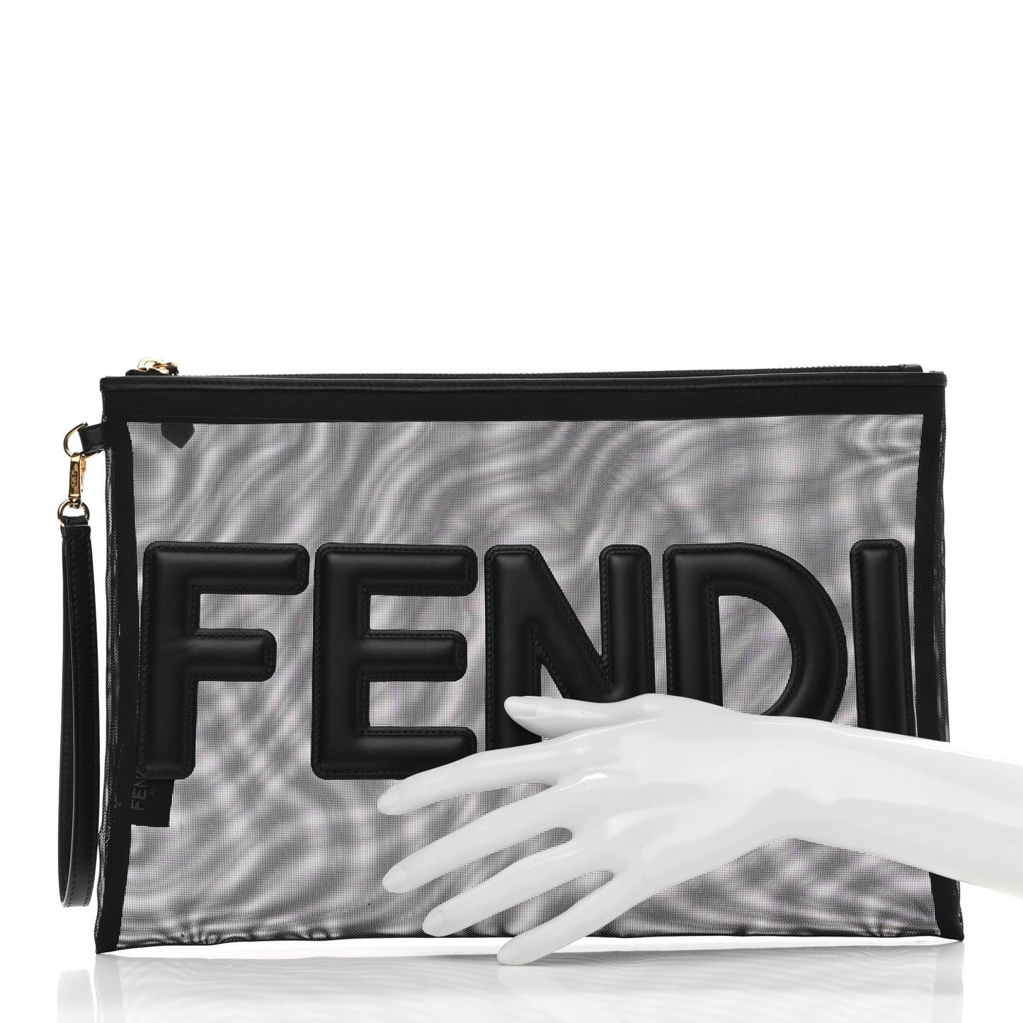 Mesh Vitello King Logo Embroidered Large Flat Pouch Black