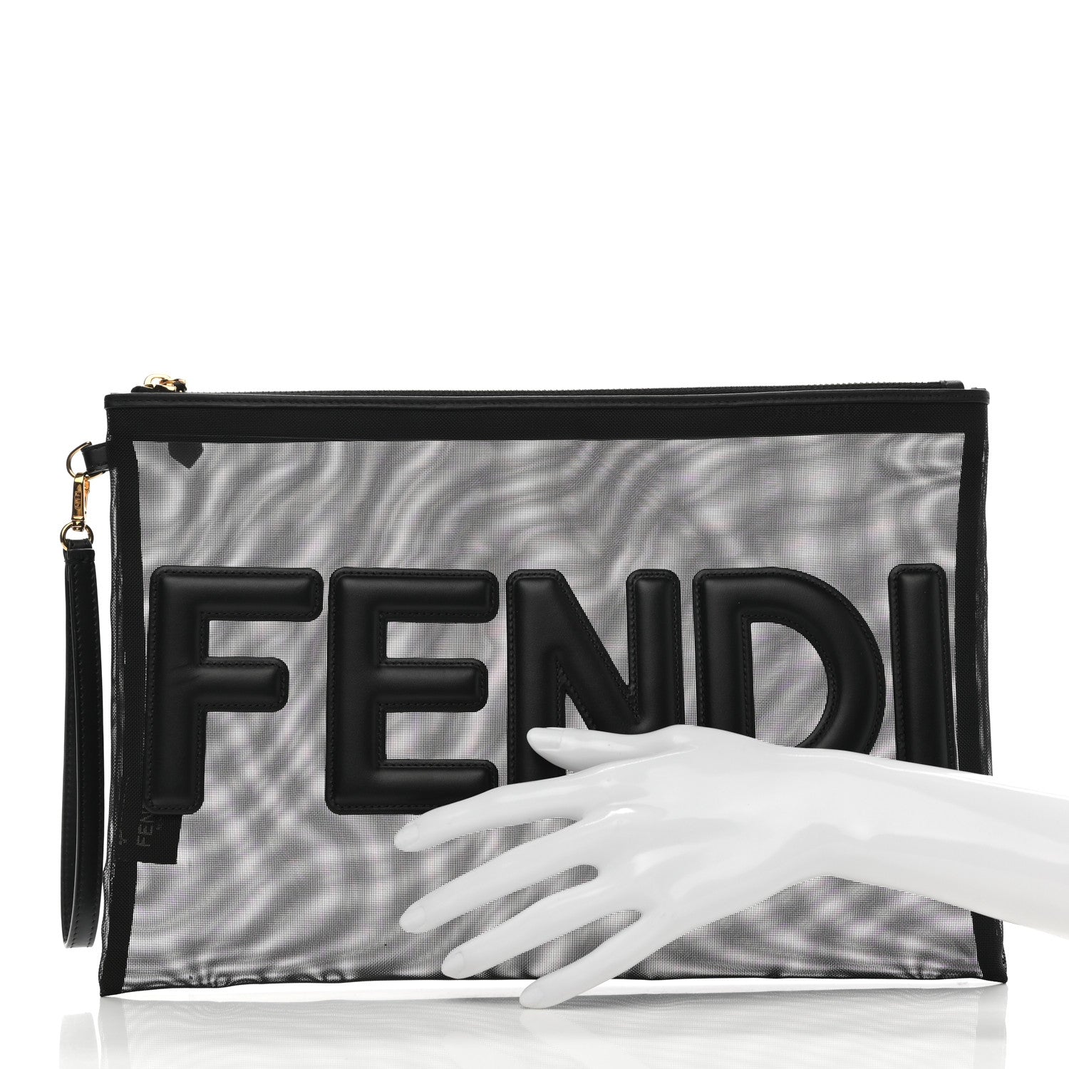 Fendi Mesh Vitello King Logo Embroidered Large Flat Pouch Black 2 of 7