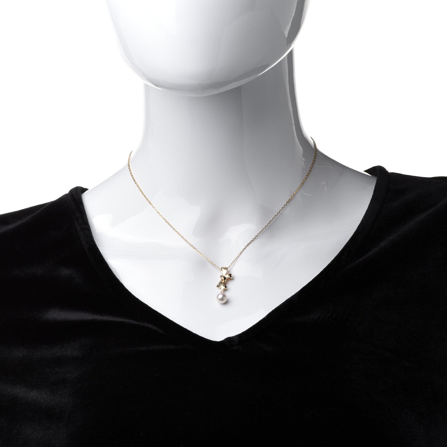 18K Yellow Gold Pearl 6mm Bow Drop Pendant Necklace