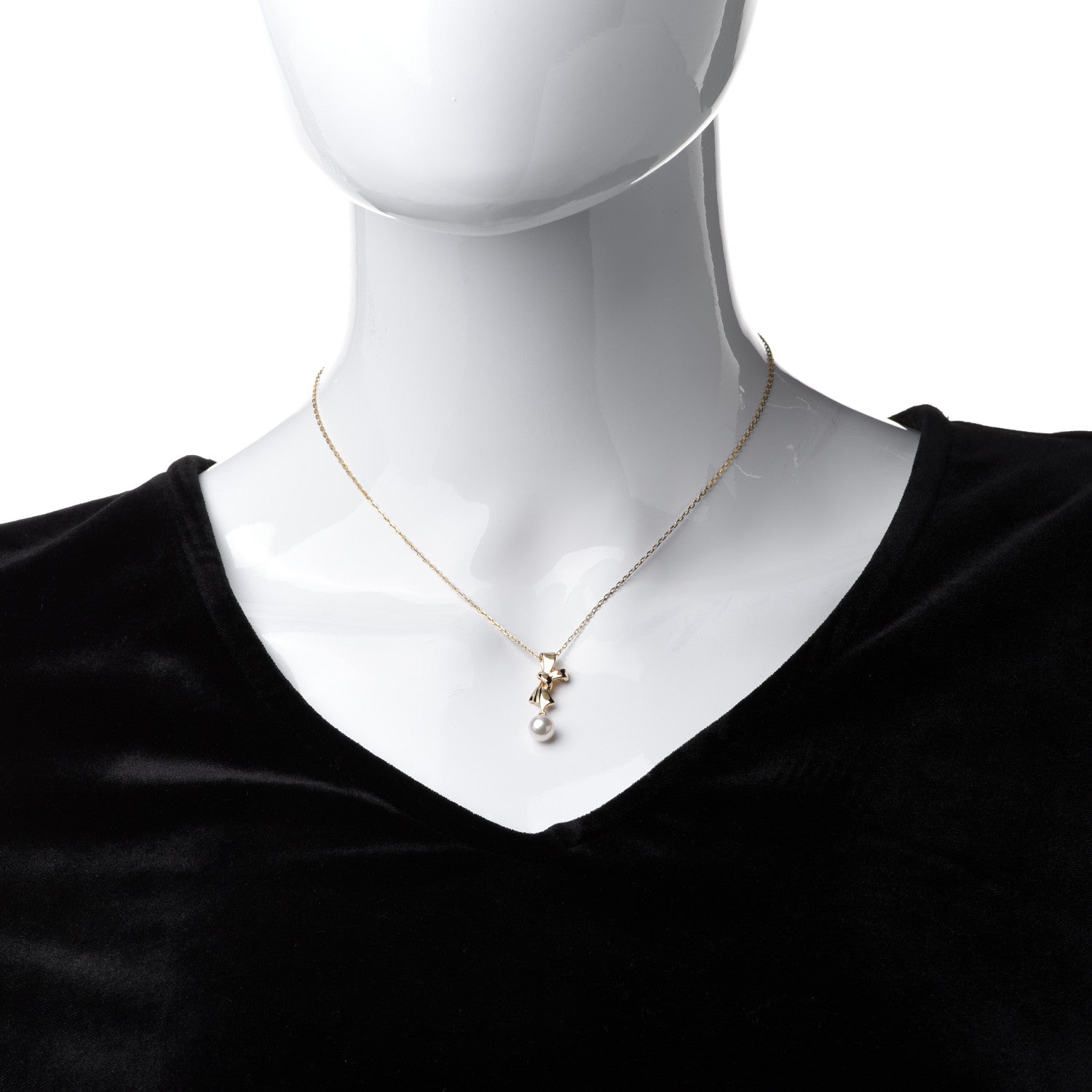 Mikimoto 18K Yellow Gold Pearl 6mm Bow Drop Pendant Necklace 2 of 7