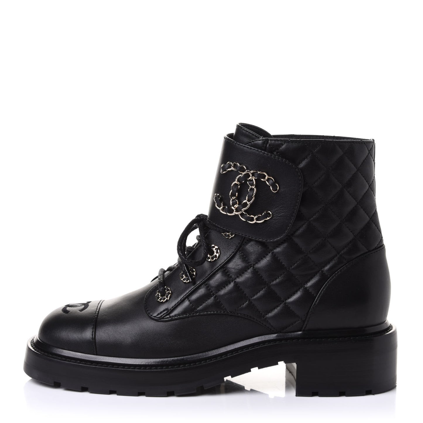 Shiny Lambskin Quilted Lace Up Combat Boots 39.5 Black