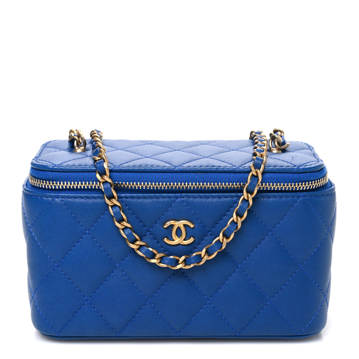 Lambskin Quilted Pearl Crush Small Vanity Case With Chain Blue