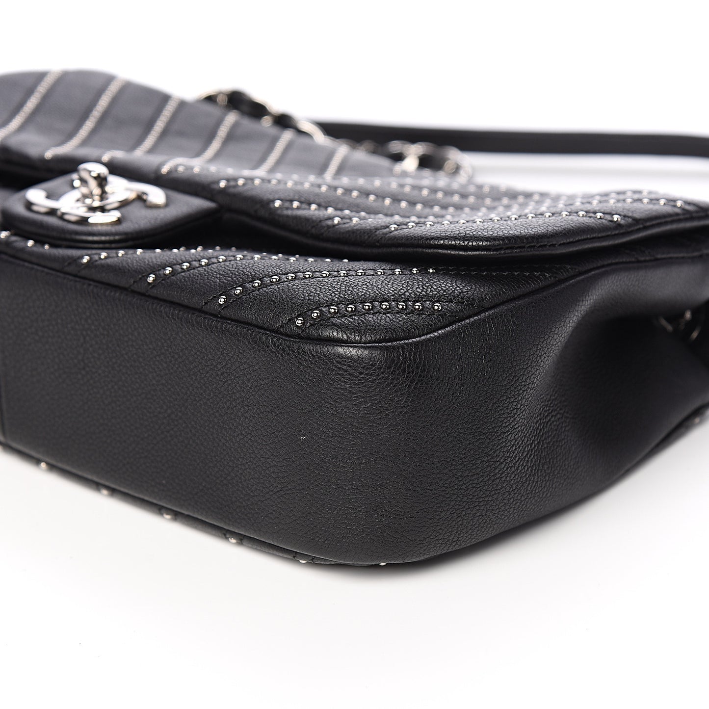 Calfskin Studded Chevron Quilted Wars Flap Black