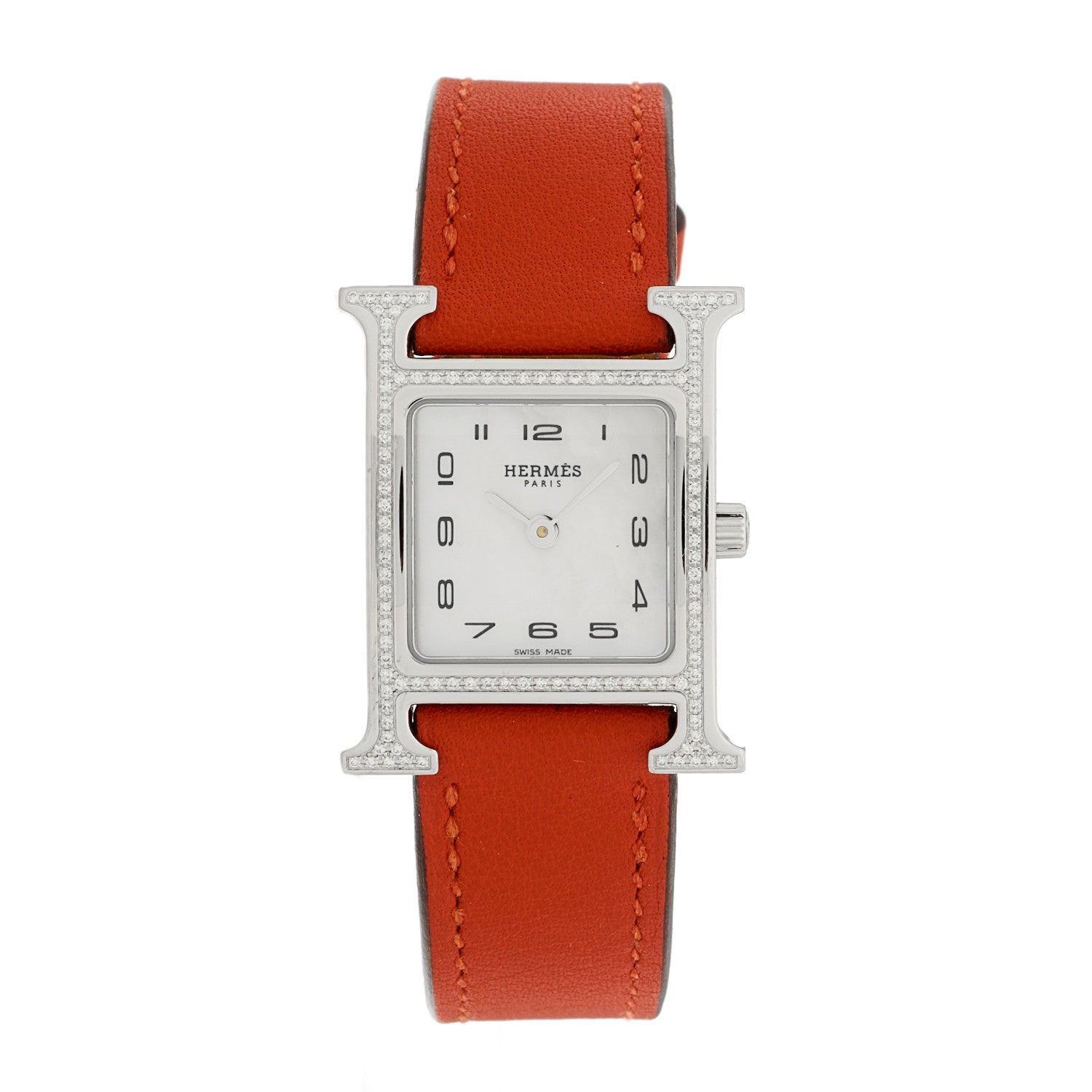Hermes Stainless Steel Swift Diamond Bezel Mother of Pearl 21mm Heure H Hour Quartz Watch Orange 1 of 4