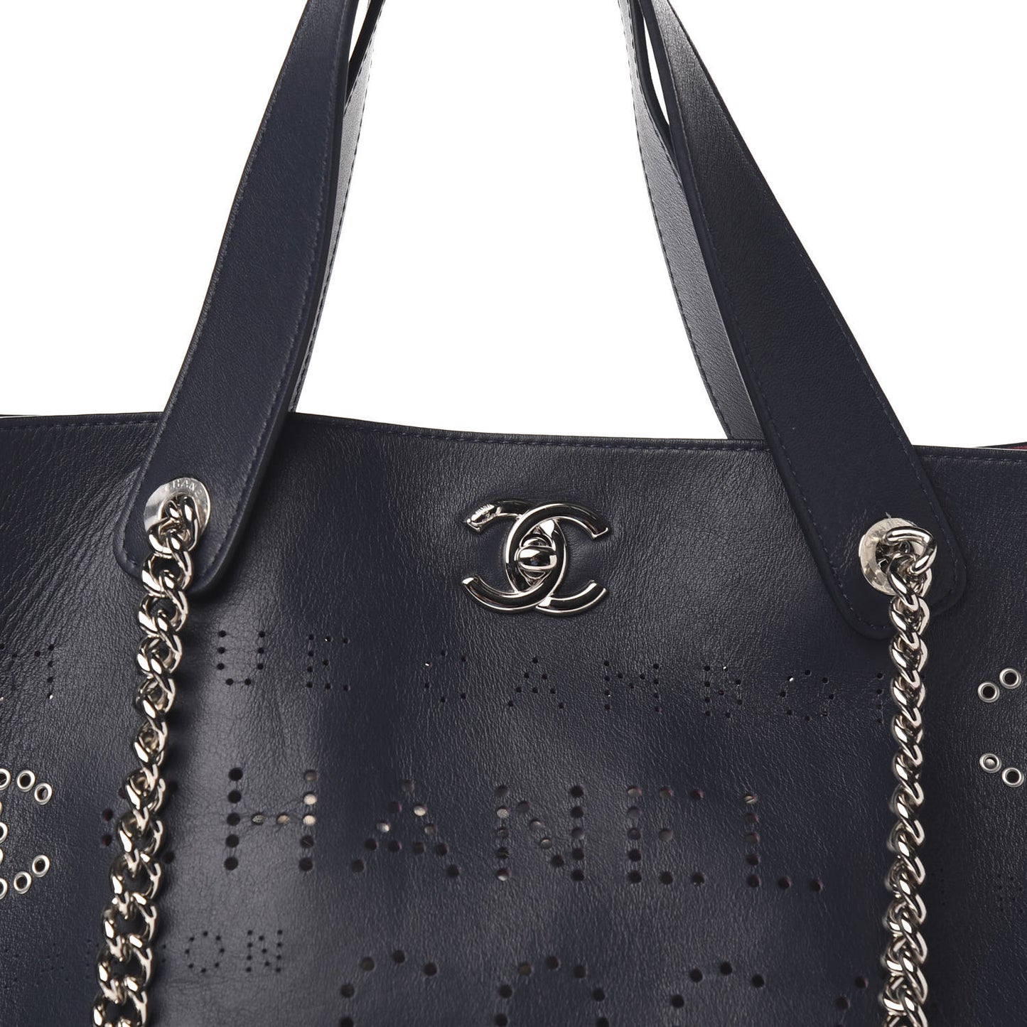Calfskin Tweed Small Logo Eyelets Shopping Tote Navy Blue