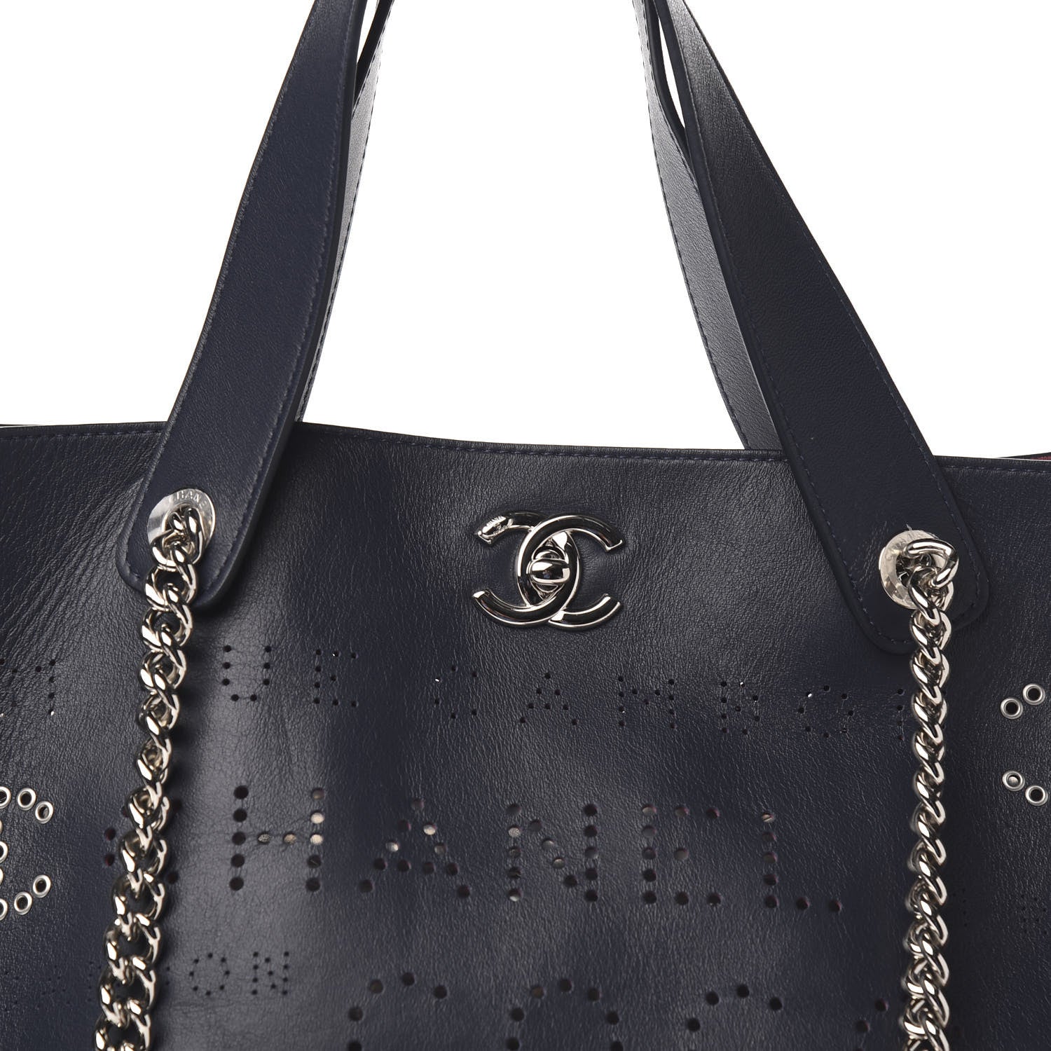 Chanel Calfskin Tweed Small Logo Eyelets Shopping Tote Navy Blue 5 of 10