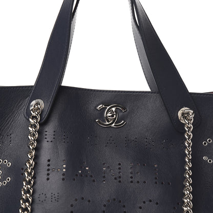 Chanel Calfskin Tweed Small Logo Eyelets Shopping Tote Navy Blue 5 of 10