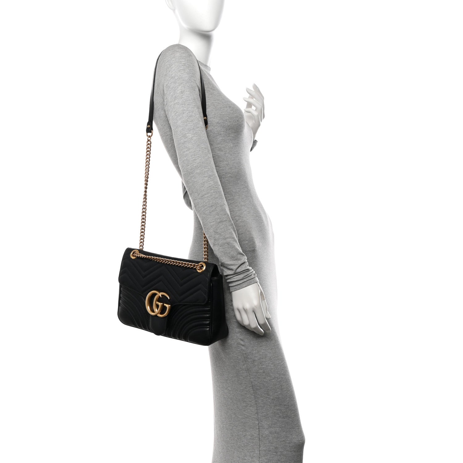 Gucci Calfskin Matelasse Medium GG Marmont Shoulder Bag Black 2 of 11