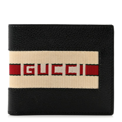 Gucci Textured Dollar Calfskin Nylon Gucci Stripe New Web Bi-Fold Coin Wallet Black Ecru Verde Rosso 1 of 7