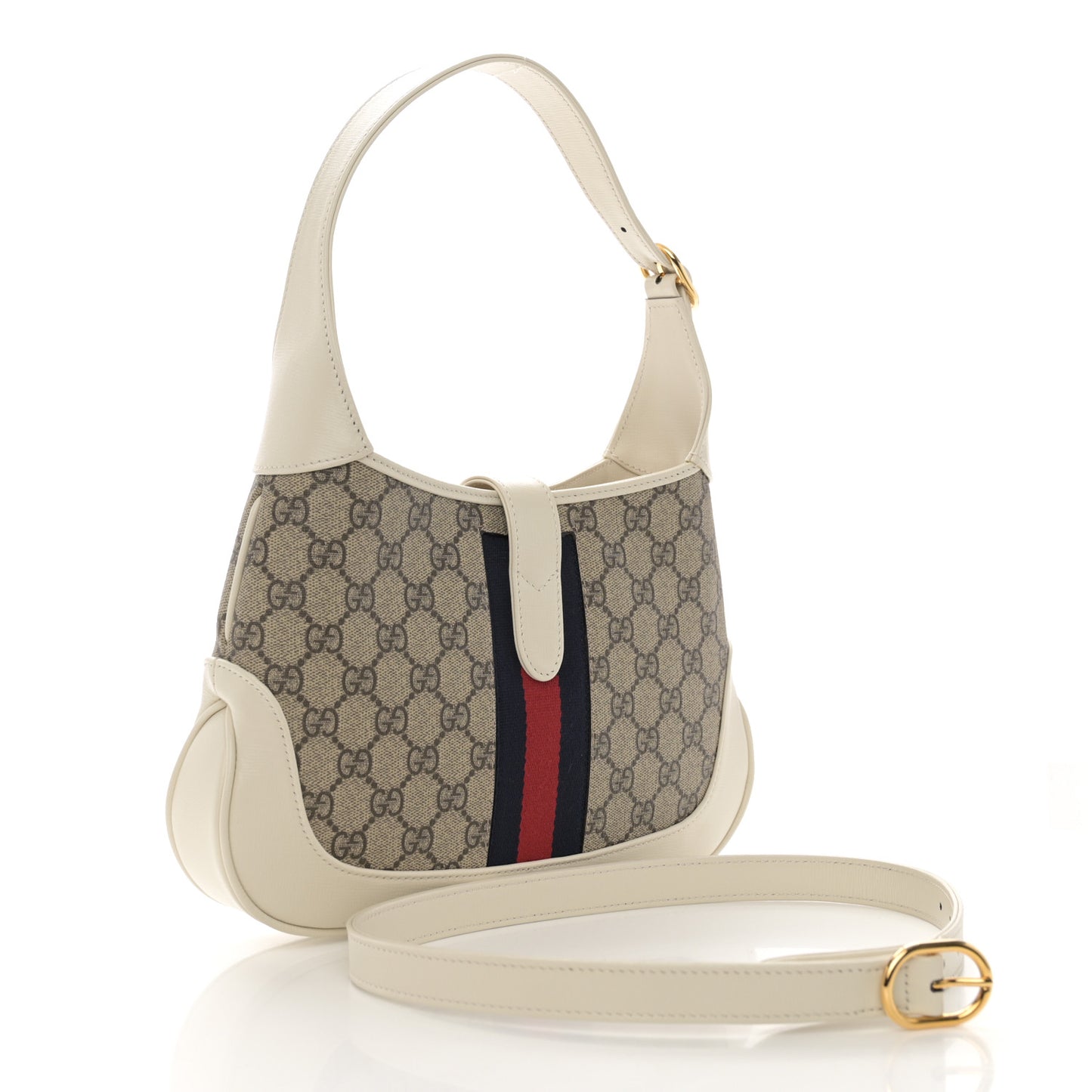 GG Supreme Monogram Azalea Calfskin Web Small Jackie 1961 Hobo Beige Ebony Mystic White