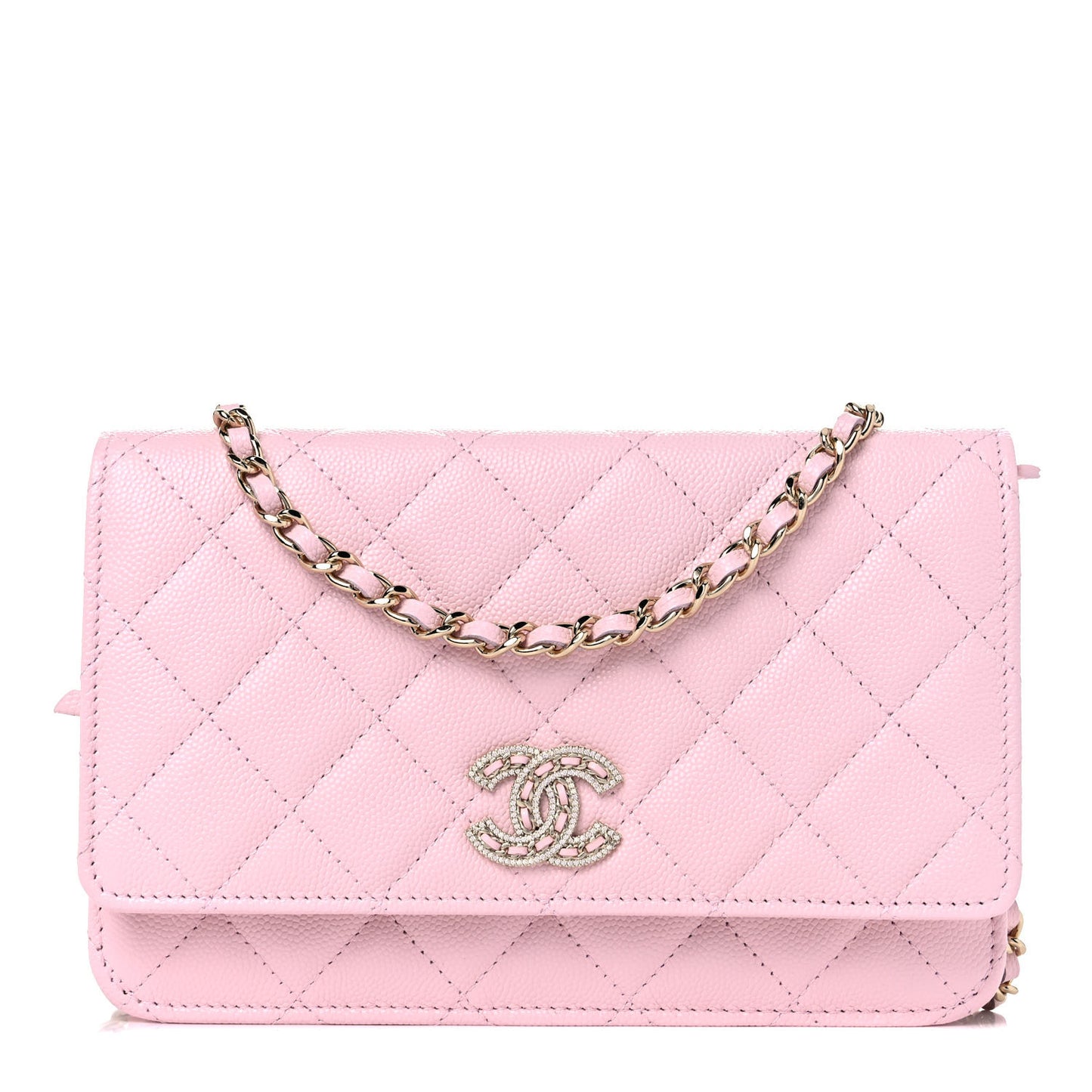 Caviar Quilted Crystal CC Wallet On Chain WOC Light Pink