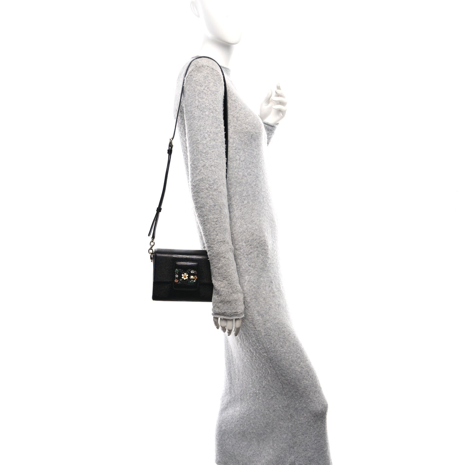 Dolce & Gabbana Lizard Embossed Crystal Embellished DG Millennials Mini Crossbody Bag Black 2 of 10
