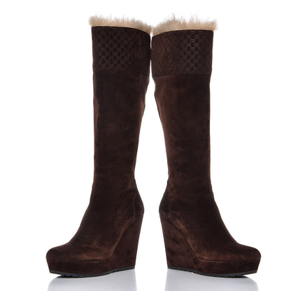 Gucci Suede Shearling Fur Microguccissima Courtney Tall Wedge Boots 38 Cocoa 6 of 10