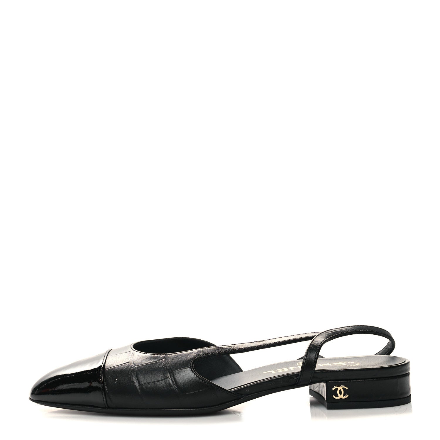 Chanel Calfskin Crocodile Embossed Patent Cap Toe CC Slingback Flats 38 Black 1 of 9