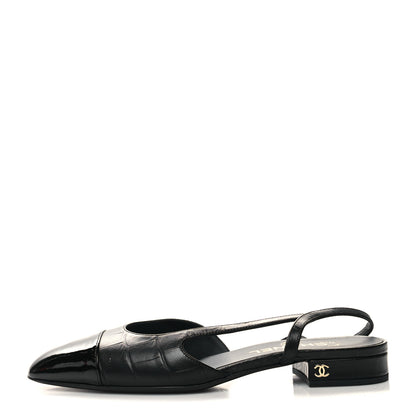 Chanel Calfskin Crocodile Embossed Patent Cap Toe CC Slingback Flats 38 Black 1 of 9