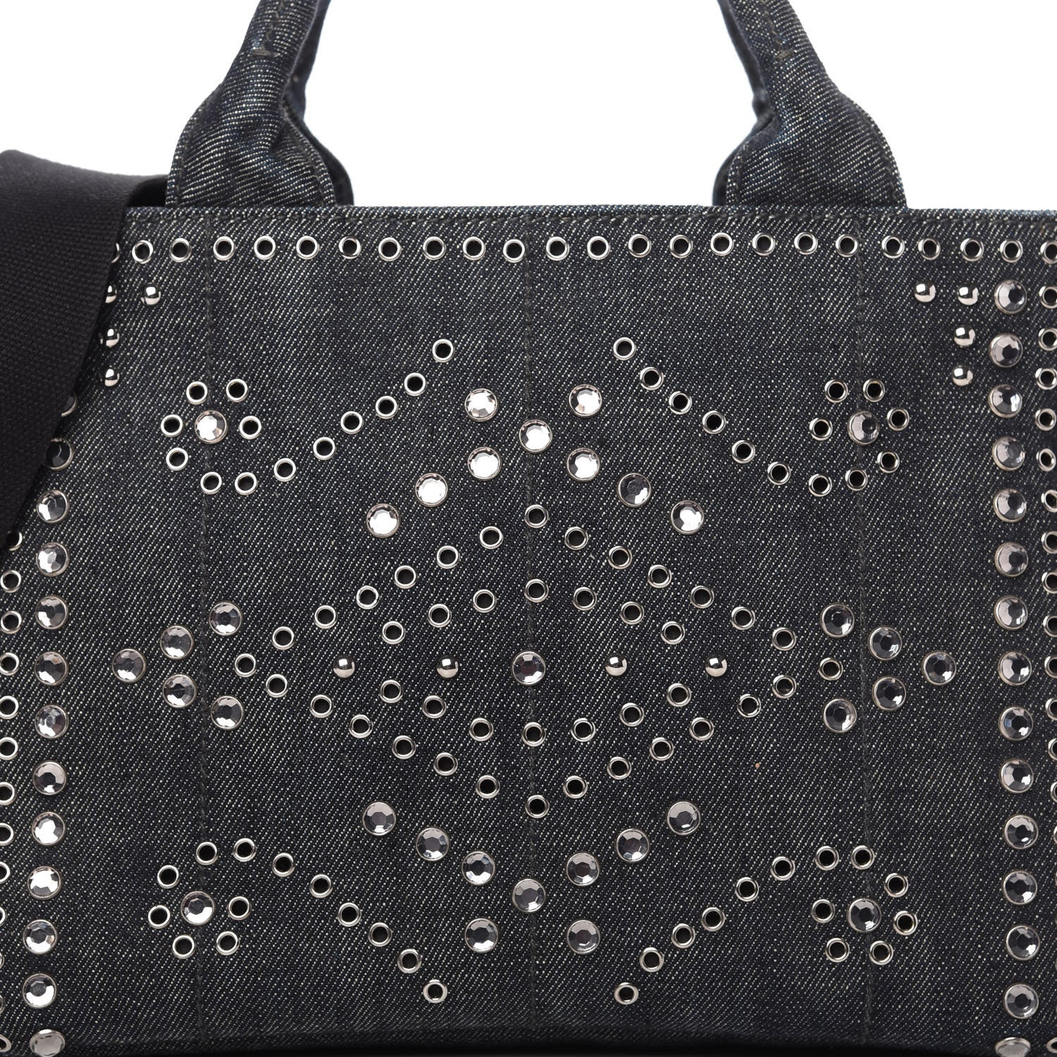 Prada Denim Crystal Studded Canapa Tote Black 9 of 9