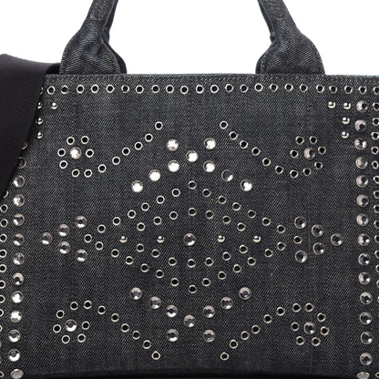 Prada Denim Crystal Studded Canapa Tote Black 9 of 9