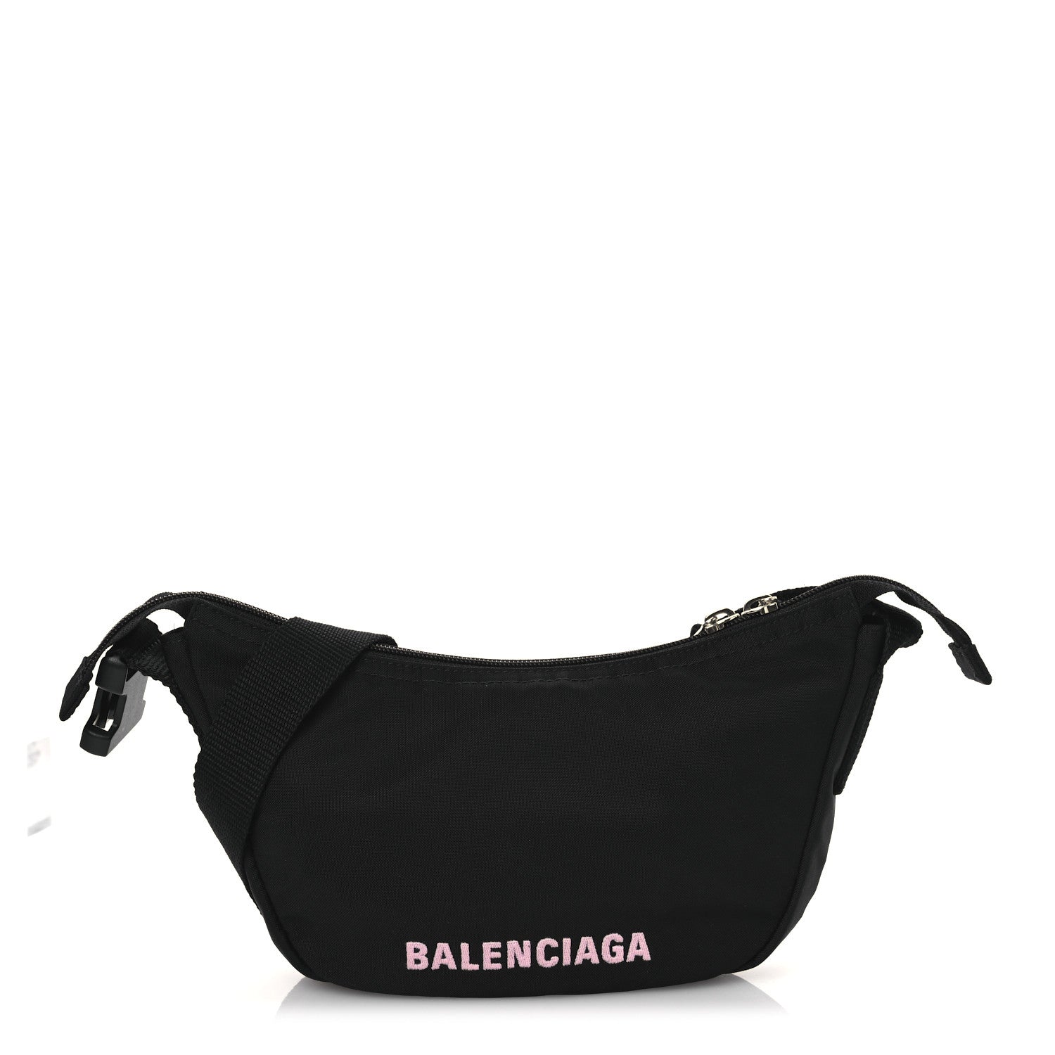 Balenciaga Recycled Sport Nylon Logo Embroidered Wheel Sling Bag Black Pink 1 of 13