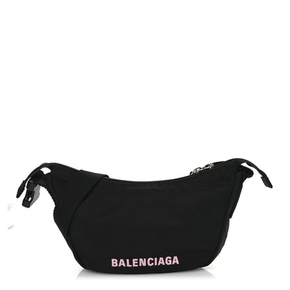 Balenciaga Recycled Sport Nylon Logo Embroidered Wheel Sling Bag Black Pink 1 of 13