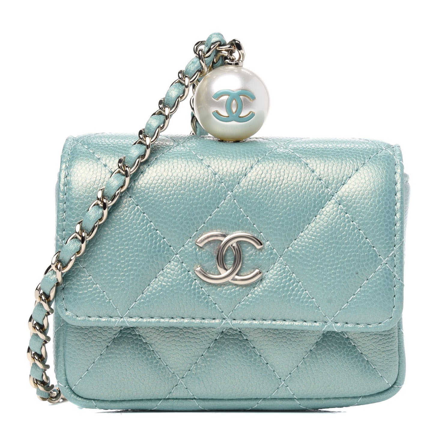Iridescent Caviar Quilted Pearl On Top Coin Purse With Chain Light Green