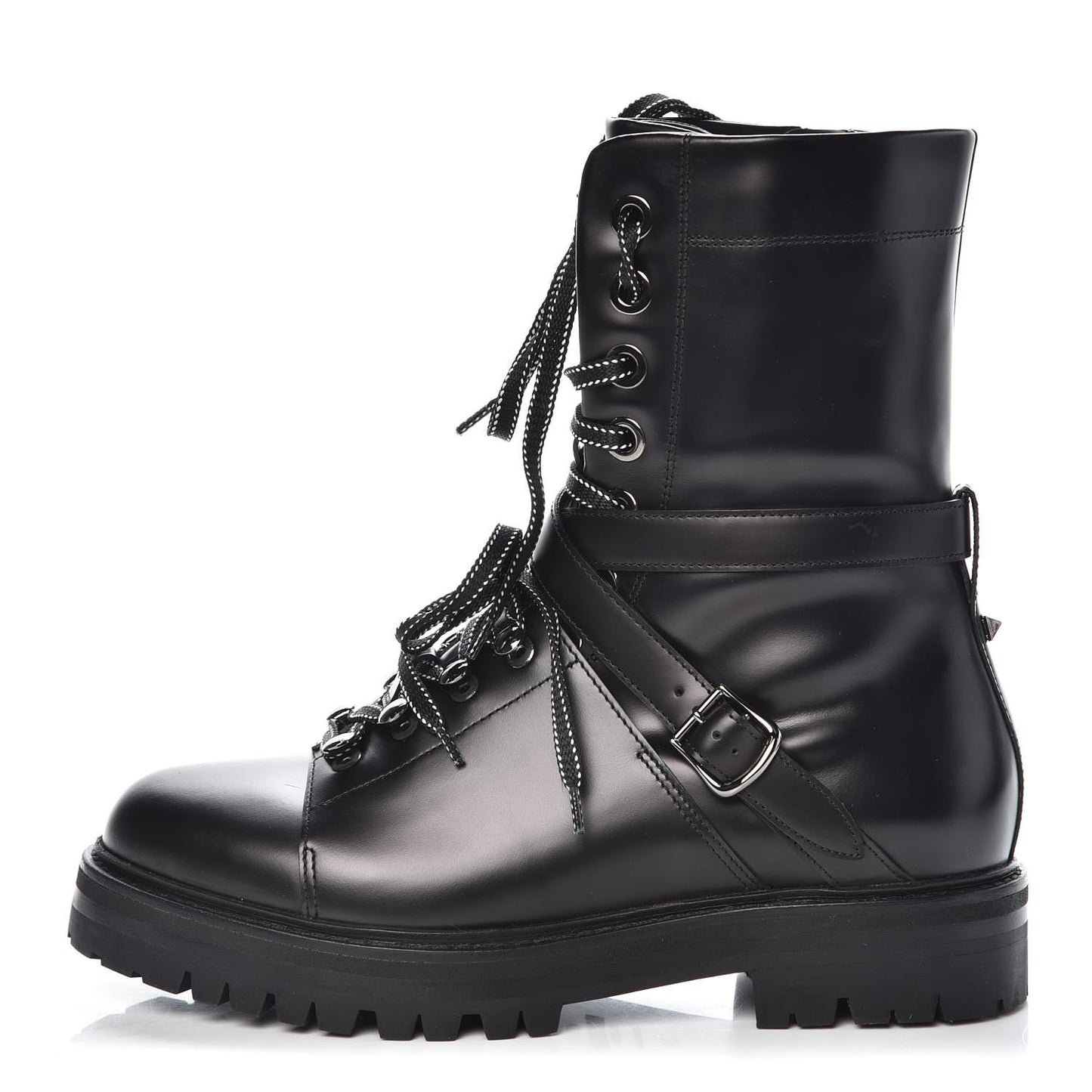 Smooth Calfskin Rockstud Buckled 25mm Combat Boots 38 Black