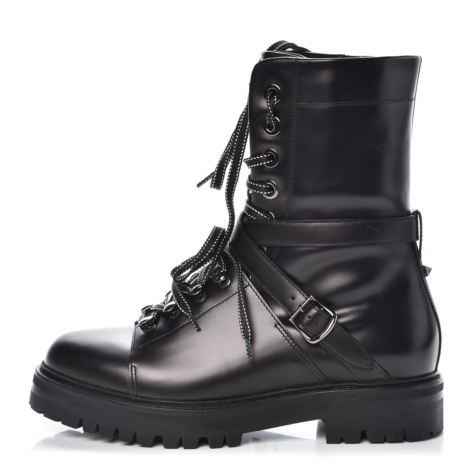 Valentino Garavani Smooth Calfskin Rockstud Buckled 25mm Combat Boots 38 Black 1 of 7
