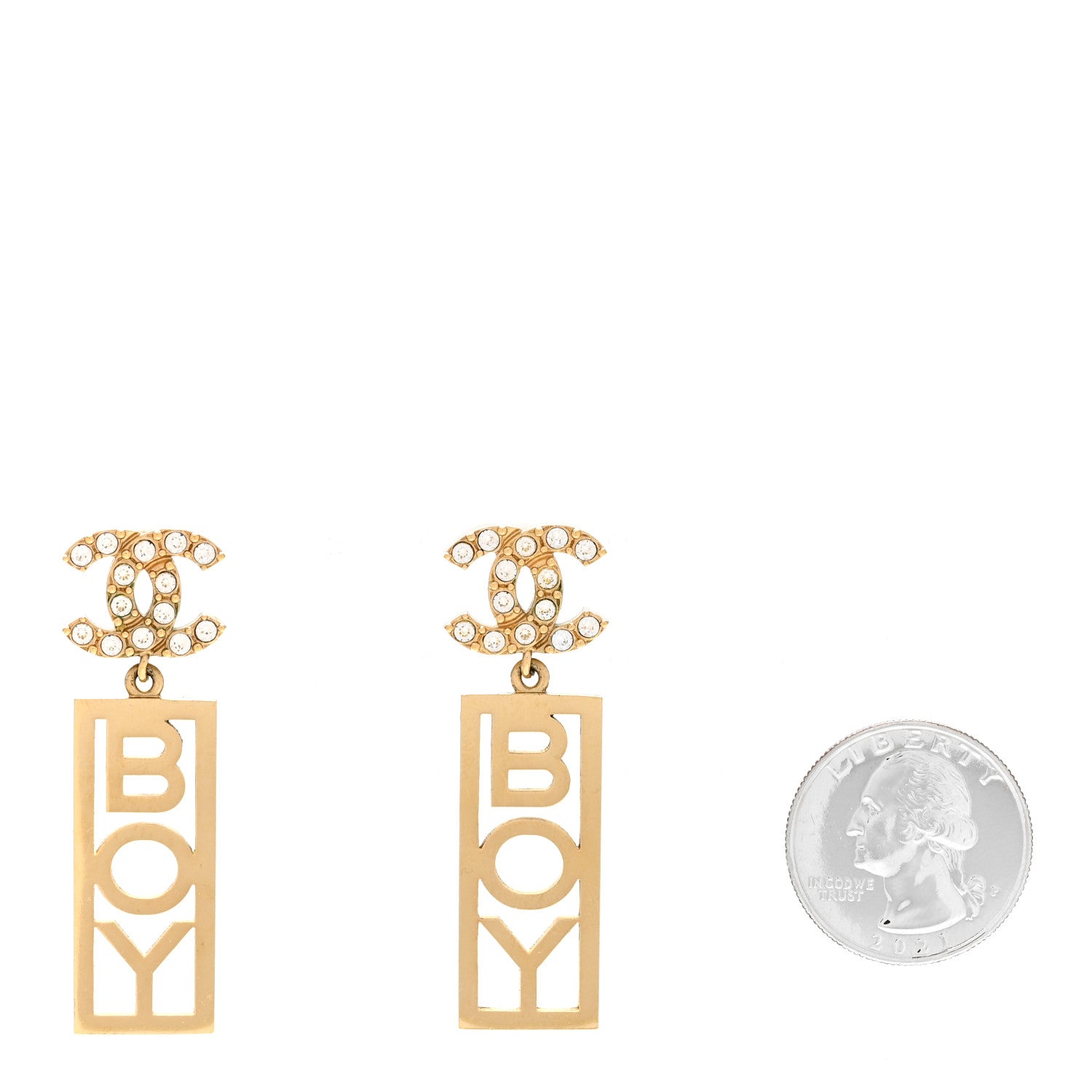 Chanel Metal Crystal CC Boy Drop Earrings Gold 2 of 6