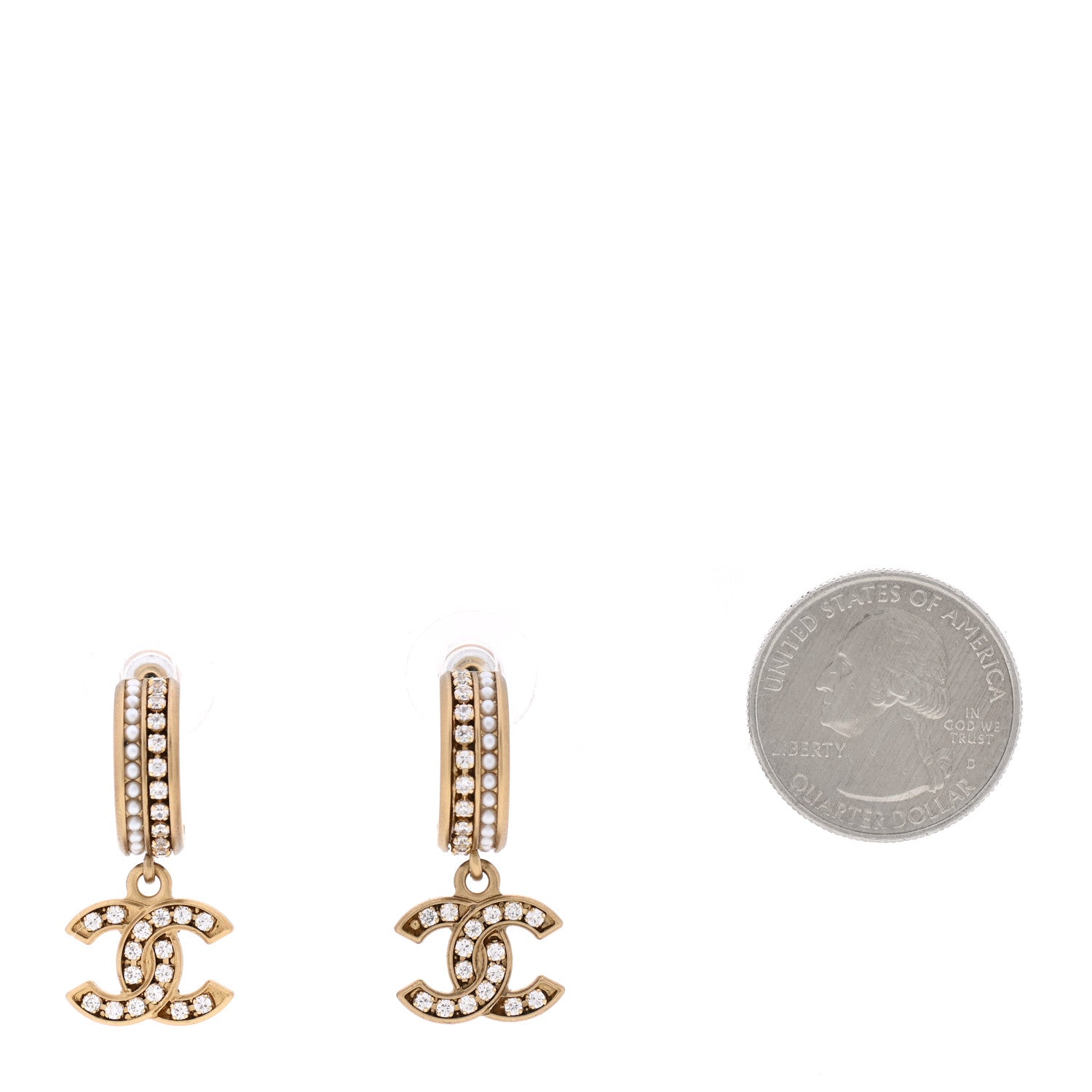 Chanel Crystal Pearl CC Hoop Drop Earrings Gold 2 of 4