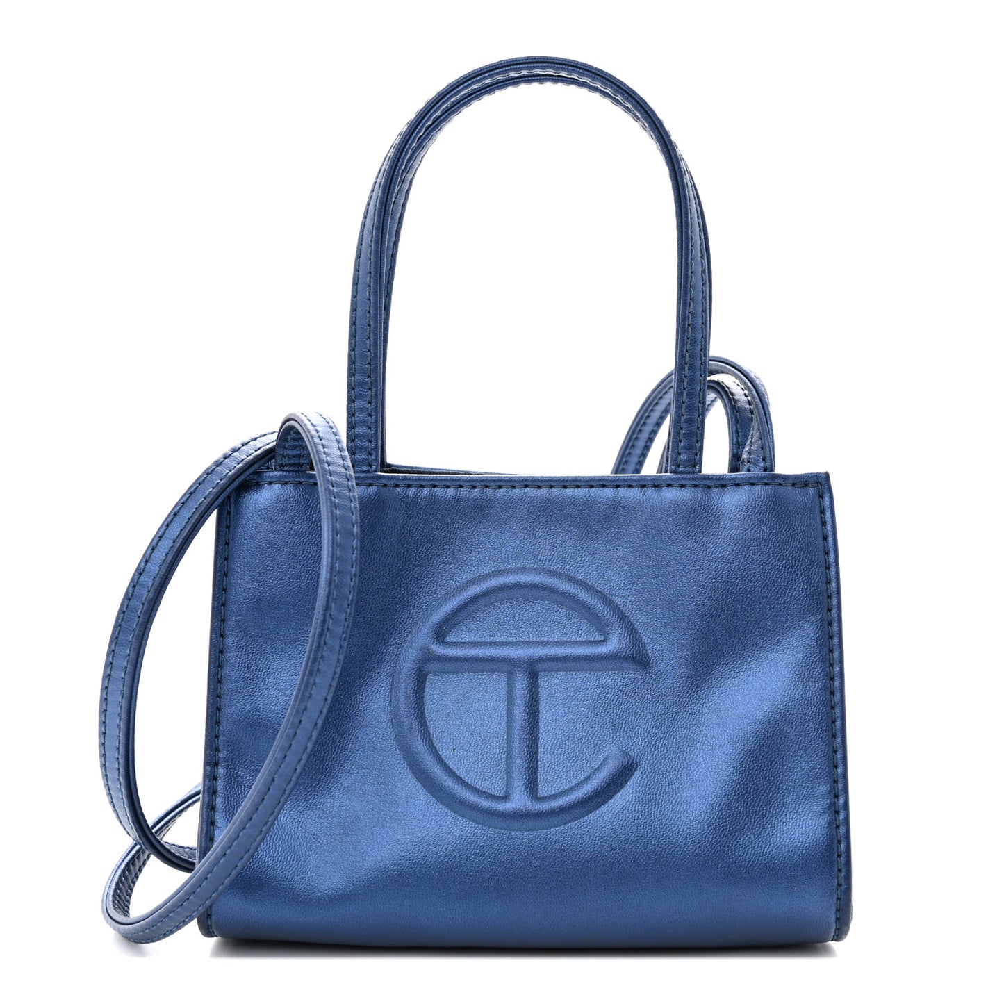 Metallic Vegan Leather Small Shopping Bag Cobalt