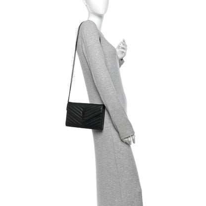 Saint Laurent Grain De Poudre Matelasse Chevron Monogram Monochrome Chain Wallet Black 2 of 12