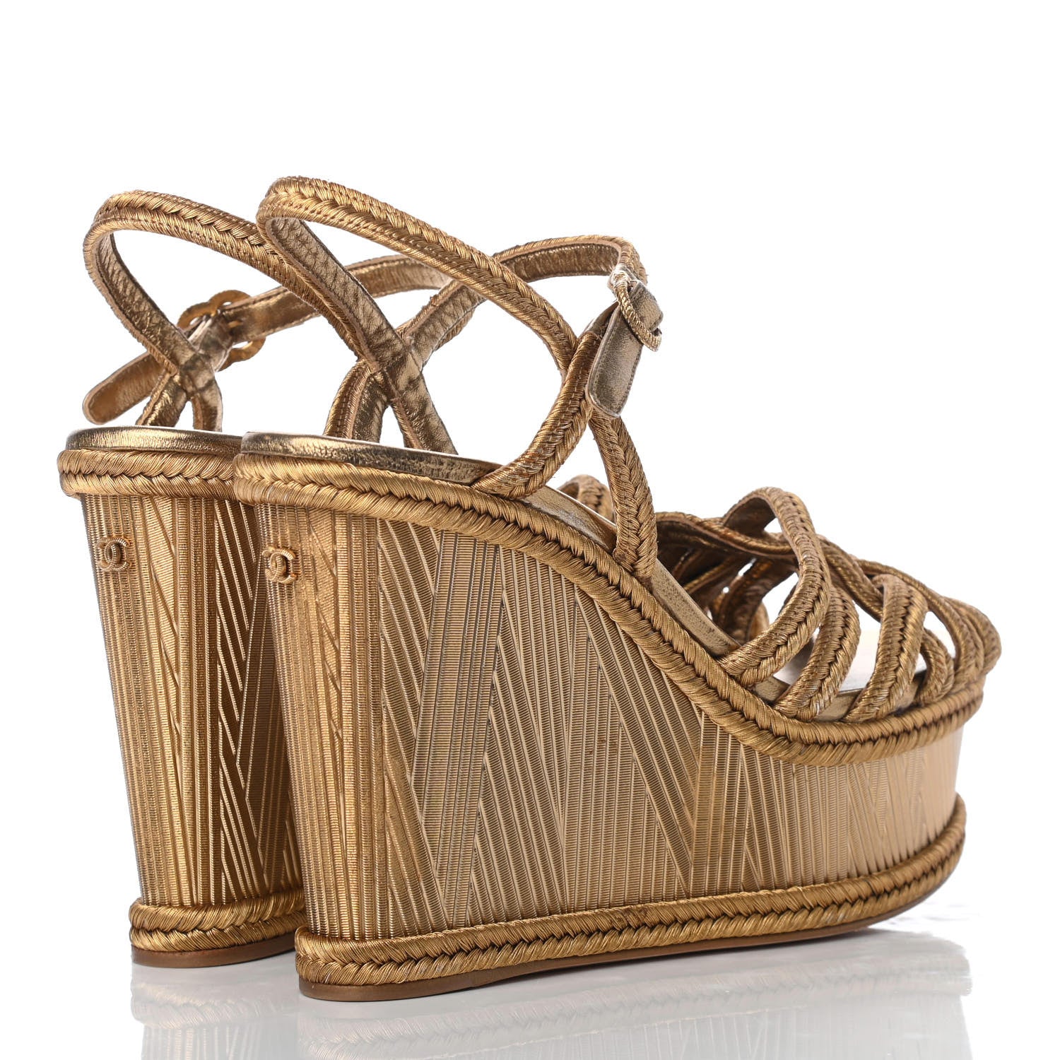 Chanel Metallic Woven Fabric Braided Wedge Sandals 38.5 Gold 4 of 9