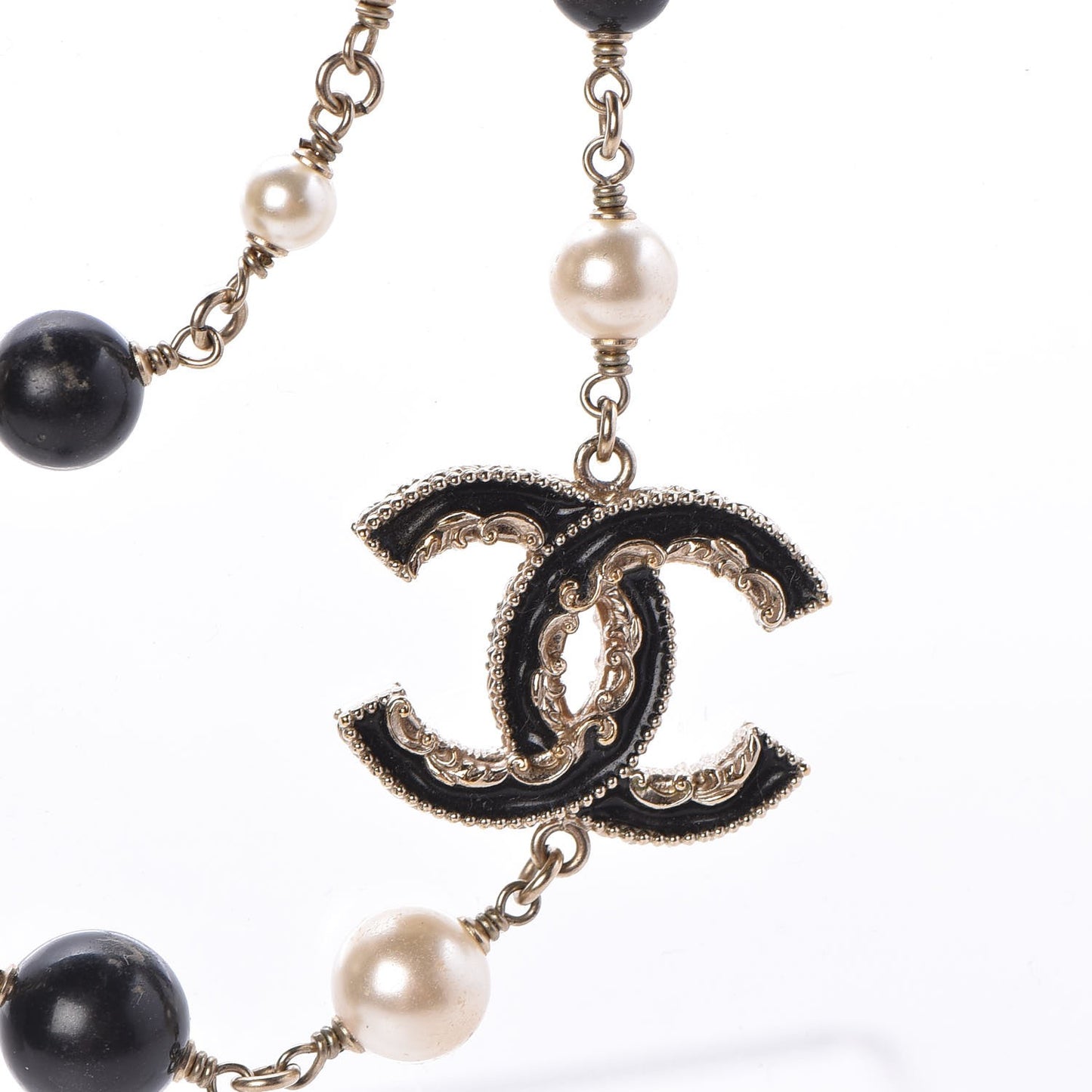 Pearl Bead Enamel CC Long Necklace Black Gold