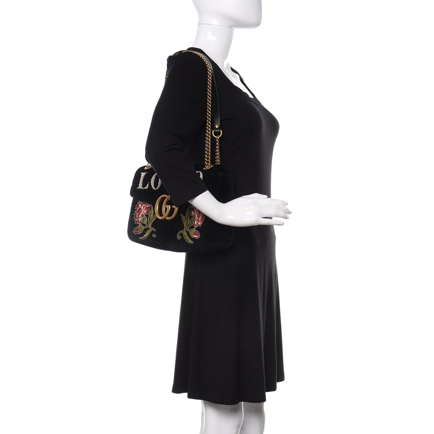 Velvet Matelasse Loved Embroidered Medium GG Marmont Shoulder Bag Black