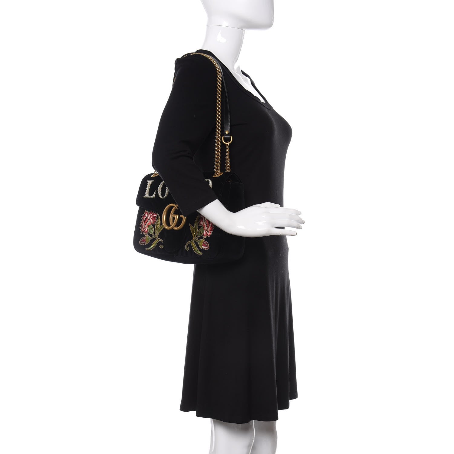 Gucci Velvet Matelasse Loved Embroidered Medium GG Marmont Shoulder Bag Black 2 of 10