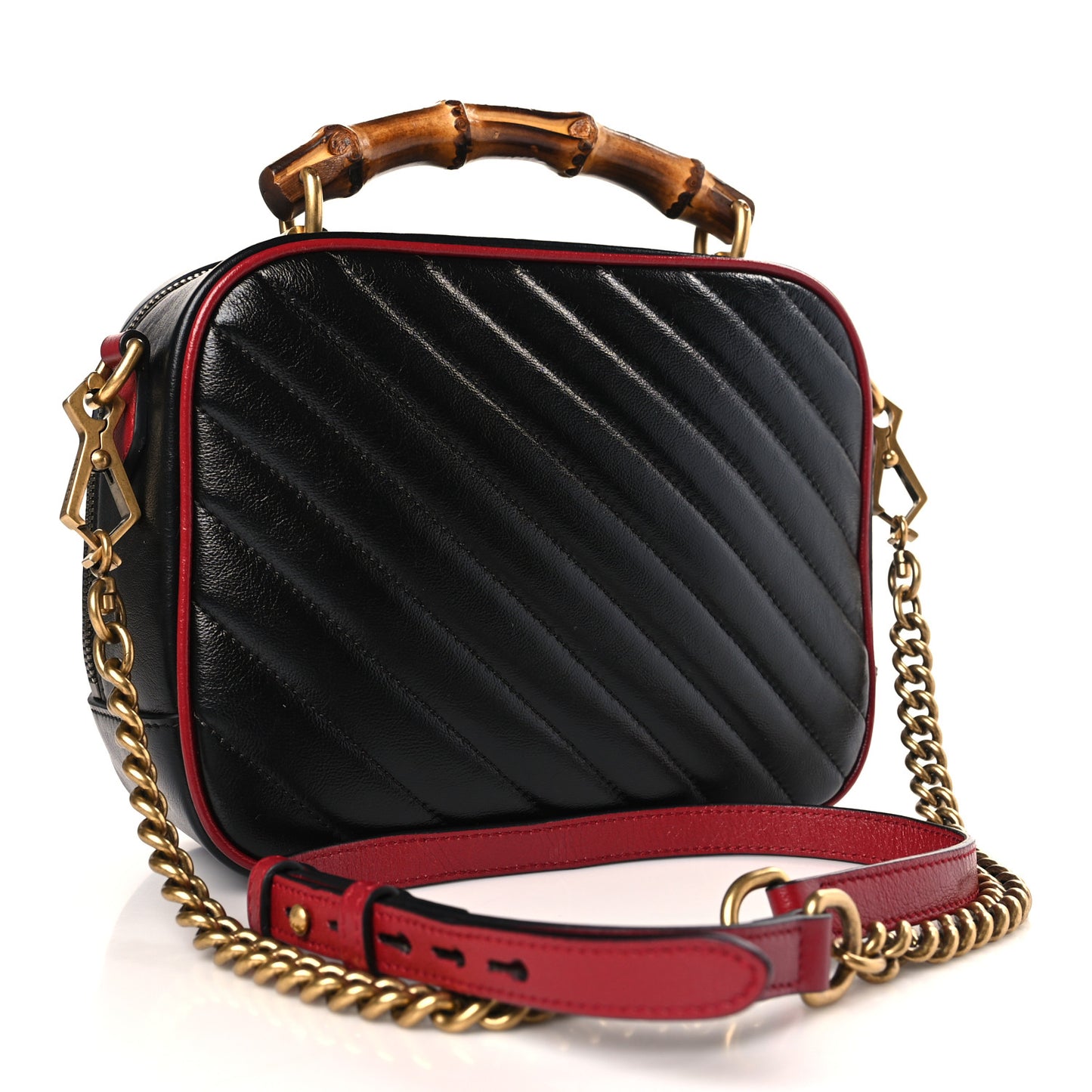 Vintage Effect Calfskin Matelasse Diagonal Small Torchon GG Marmont Bamboo Top Handle Shoulder Bag Black Romantic Cherry