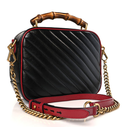 Gucci Vintage Effect Calfskin Matelasse Diagonal Small Torchon GG Marmont Bamboo Top Handle Shoulder Bag Black Romantic Cherry 3 of 9