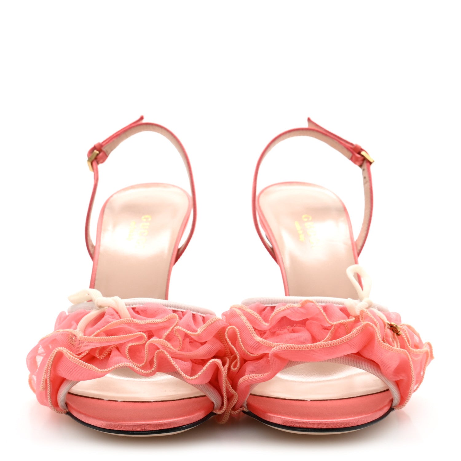 Gucci Tulle Ruffle Mid Heel Slingback Sandals 36 Peach White 3 of 12