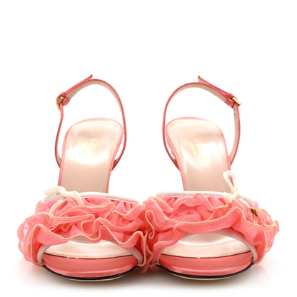 Gucci Tulle Ruffle Mid Heel Slingback Sandals 36 Peach White 3 of 12