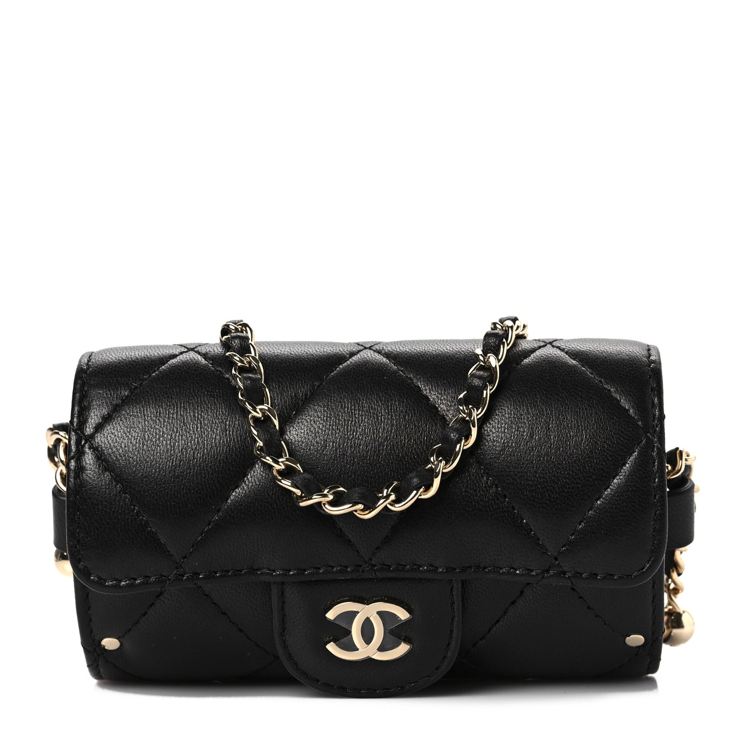Lambskin Quilted Box Of Secrets Card Holder With Chain Black