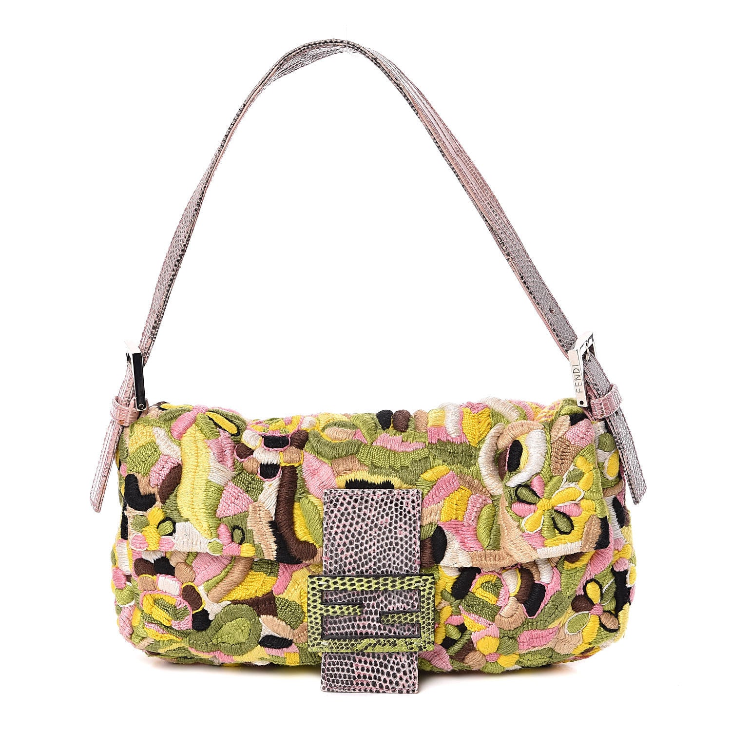 Fendi Lizard Embroidered Flower Baguette Pink Multicolor 1 of 10
