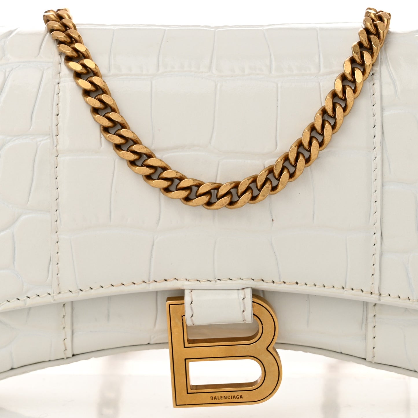 Shiny Calfskin Crocodile Embossed Hourglass Chain Bag White