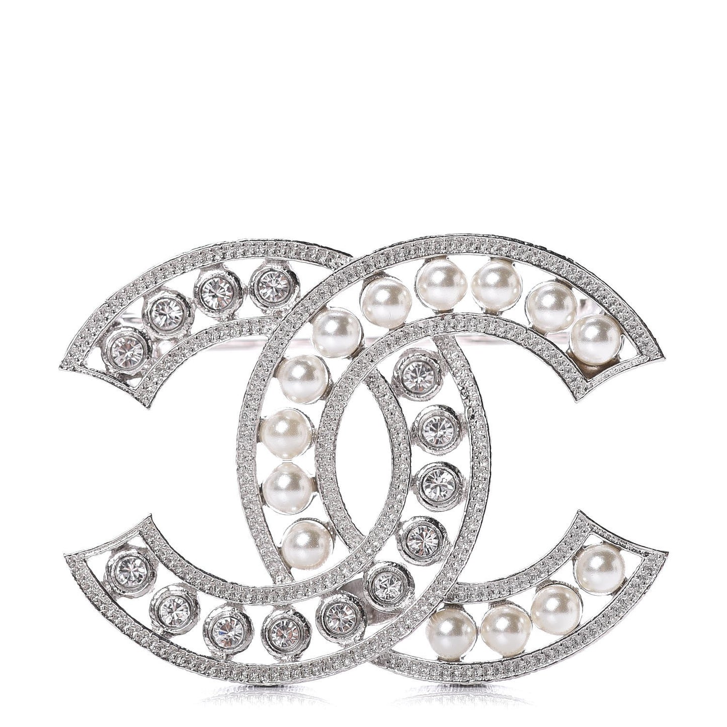 Pearl Crystal CC Brooch Silver