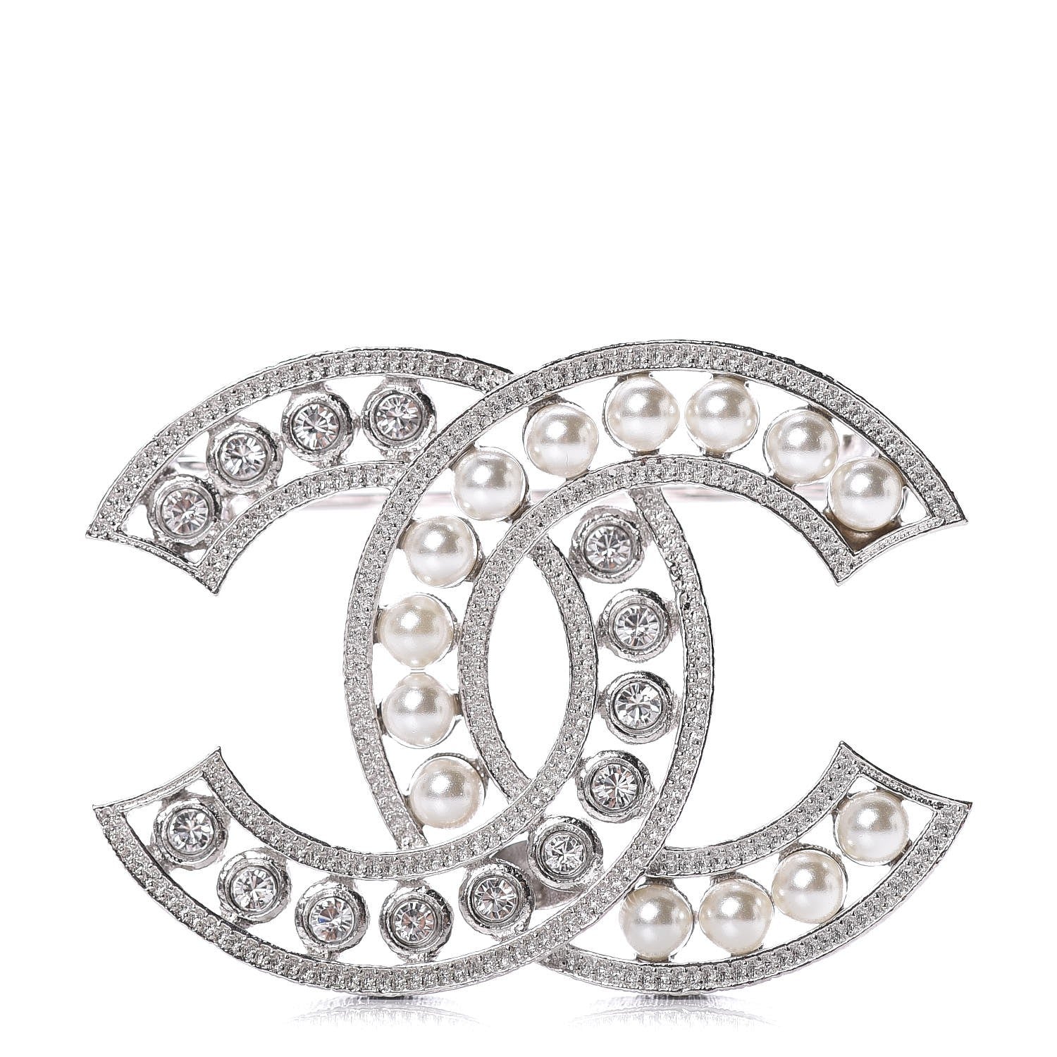 Chanel Pearl Crystal CC Brooch Silver 1 of 5