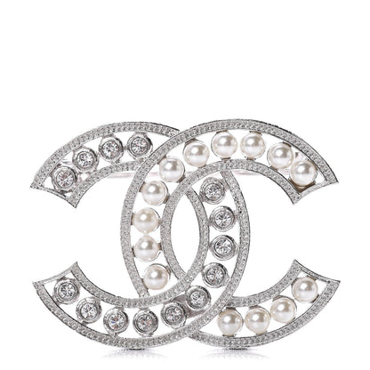 Chanel Pearl Crystal CC Brooch Silver 1 of 5